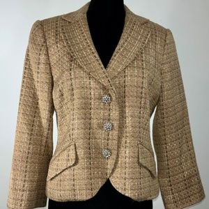 Jacket, tan pattern with embellished buttons, 3/4 sleeve